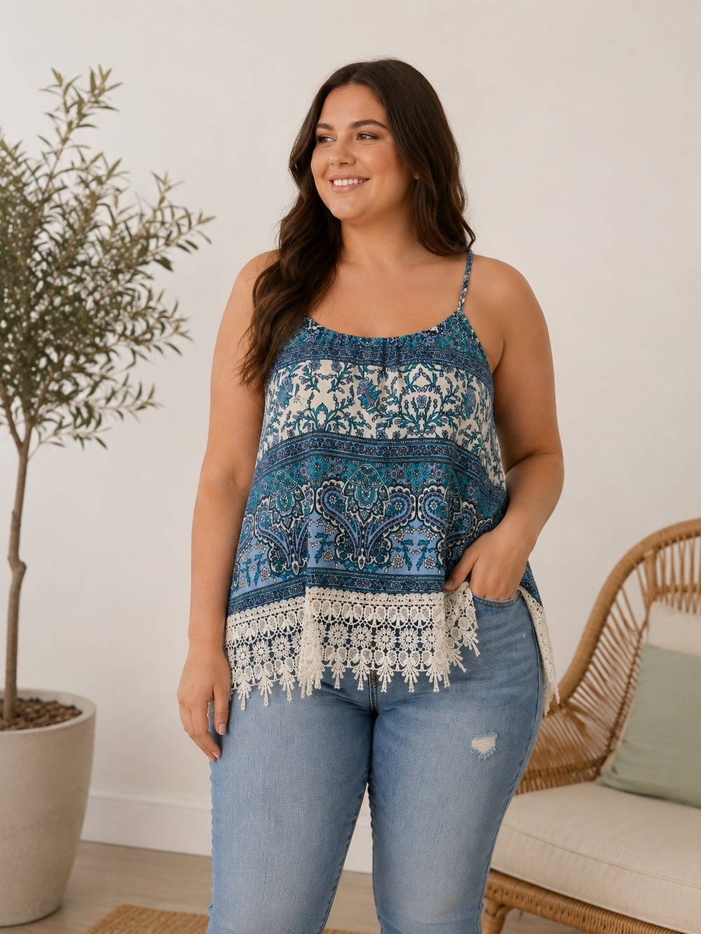 LA Hearts Blue Boho Paisley Lace Hem Cami Tank Top | Size Large